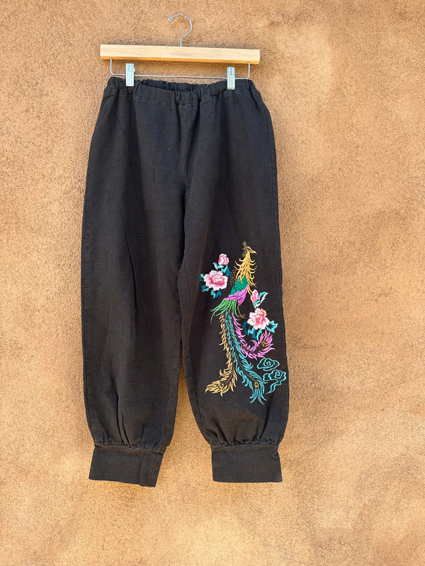 Embroidered Peacock Cotton Pants