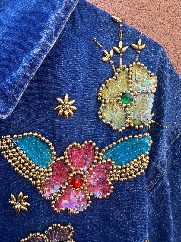 Blue Denim Blouse with Sequins/Beaded Flowers