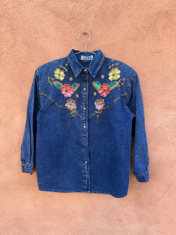 Blue Denim Blouse with Sequins/Beaded Flowers