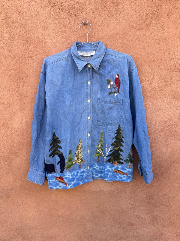 Forest Themed Patch Blouse Blue Diamond Denim