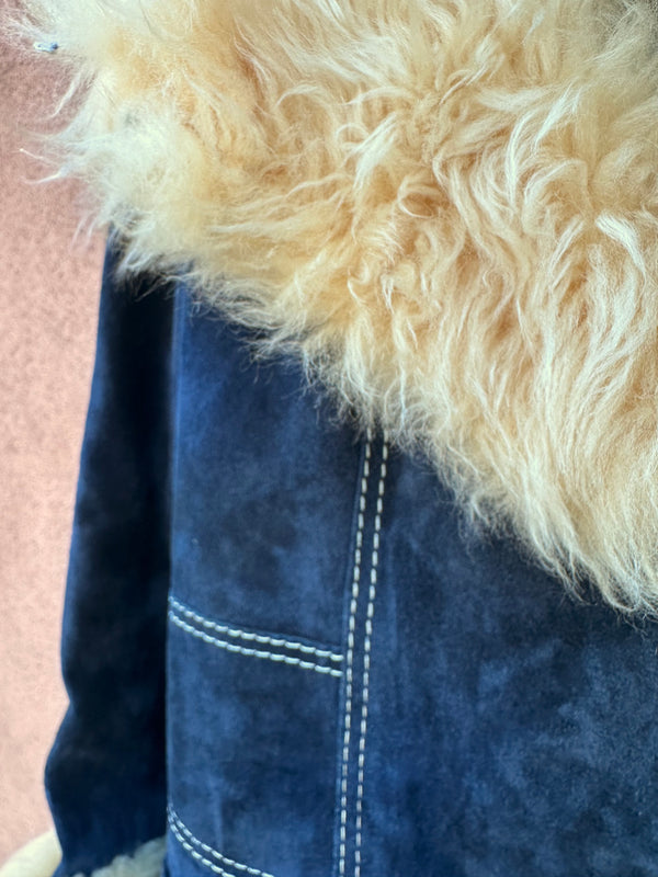 Blue Suede & Faux Fur 70's Button Up Coat
