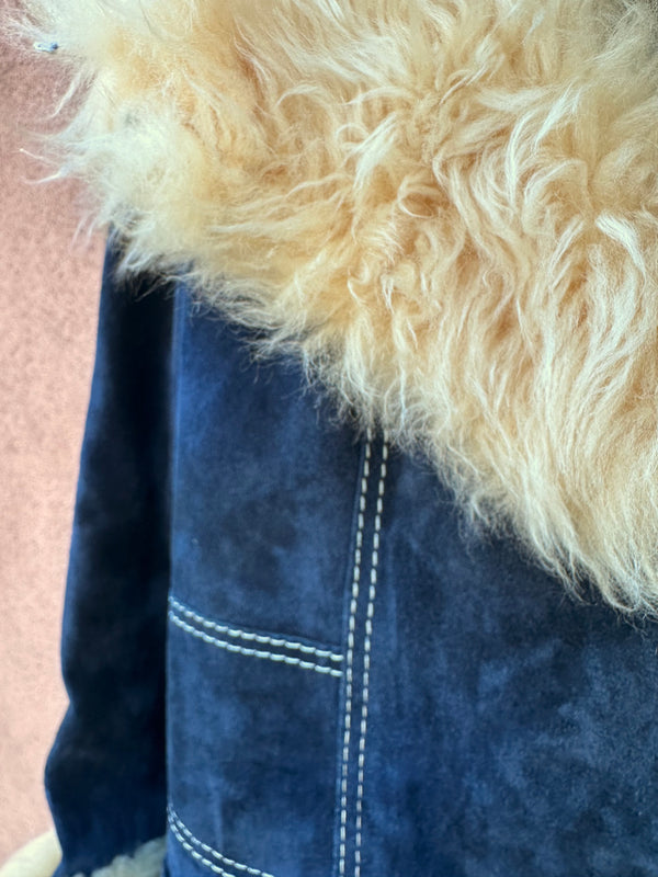 Blue Suede & Faux Fur 70's Button Up Coat