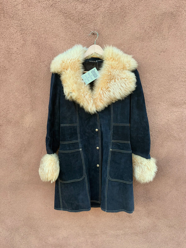 Blue Suede & Faux Fur 70's Button Up Coat