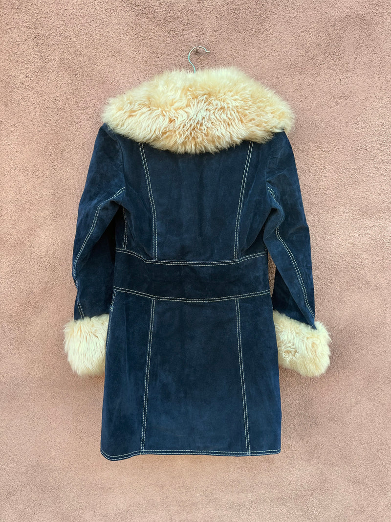 Blue Suede & Faux Fur 70's Button Up Coat