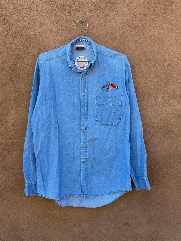 Embroidered Feathers Denim Button Up Shirt