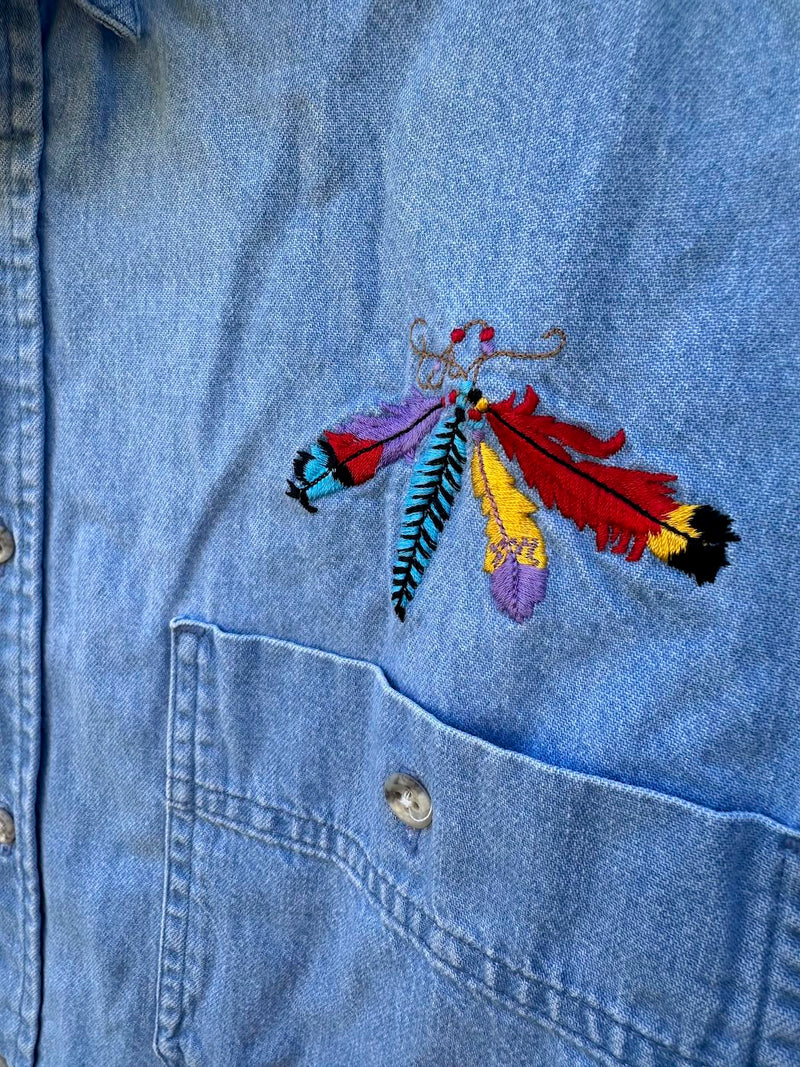 Embroidered Feathers Denim Button Up Shirt