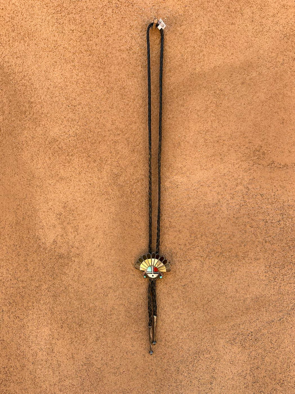 1950's Zuni Sunface Inlay Sterling Silver Bolo Tie
