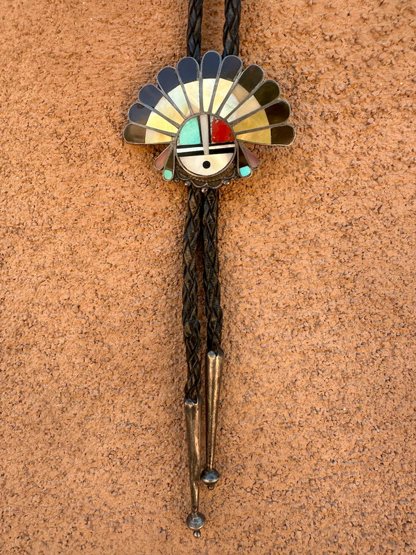 1950's Zuni Sunface Inlay Sterling Silver Bolo Tie