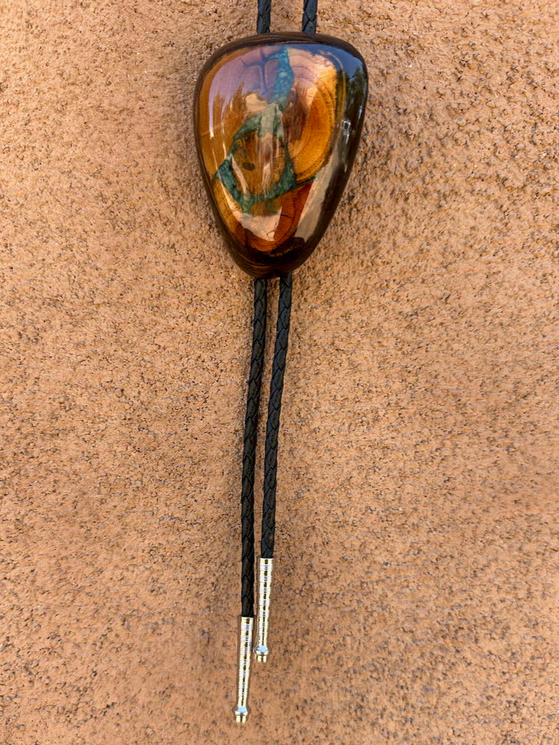1970's Wood Bolo Tie with Turquoise Inlay