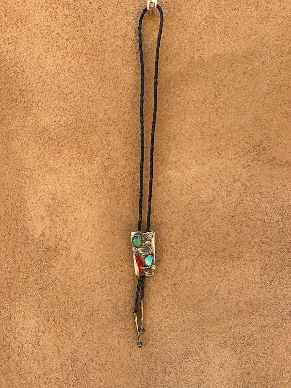 Old Pawn Bolo Tie with Turquoise, Oxblood Coral & Sterling Silver