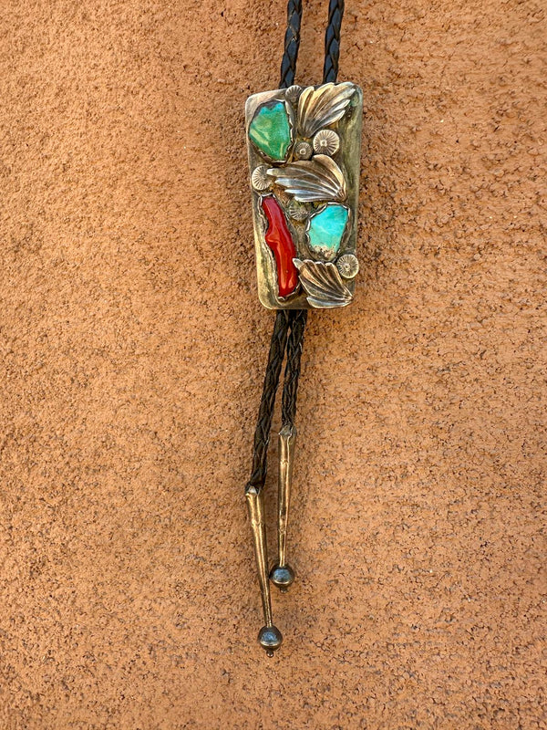 Old Pawn Bolo Tie with Turquoise, Oxblood Coral & Sterling Silver