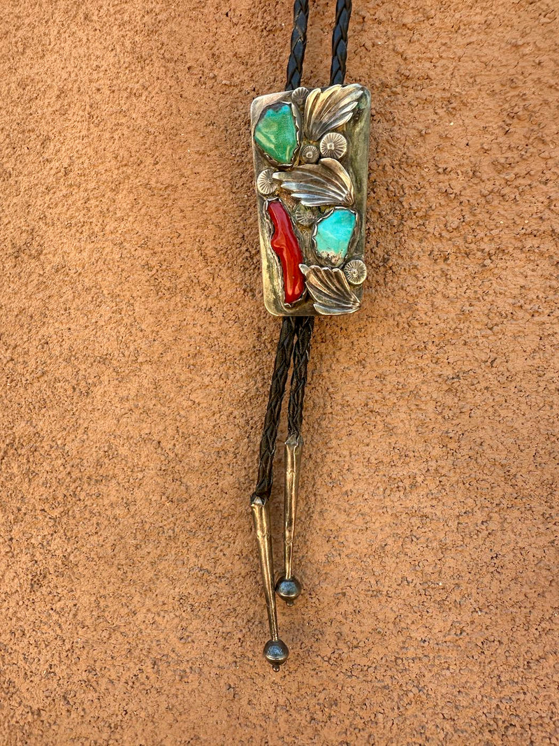 Old Pawn Bolo Tie with Turquoise, Oxblood Coral & Sterling Silver