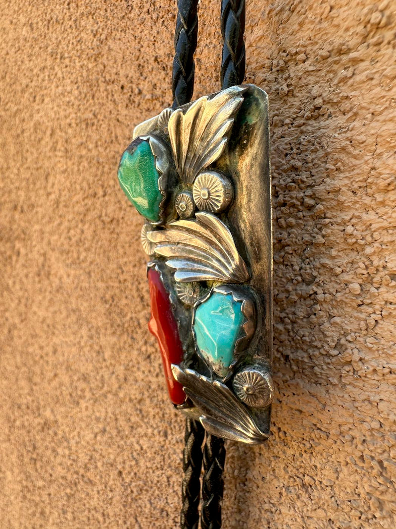 Old Pawn Bolo Tie with Turquoise, Oxblood Coral & Sterling Silver