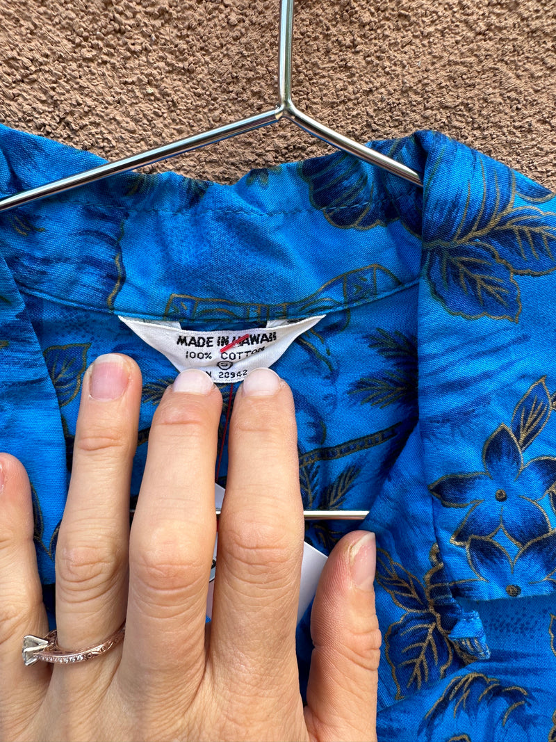 Blue with Gold 70's Button Up Hawaiian Shirt