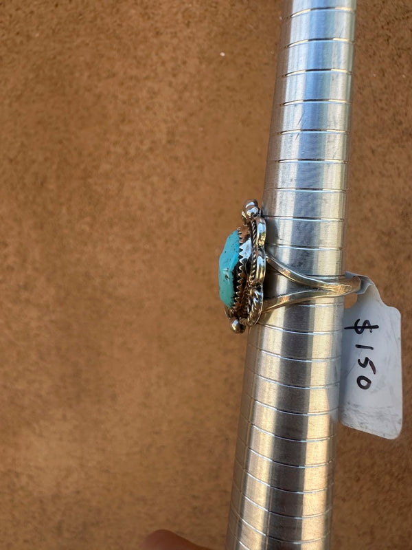 Betty Yellowhorse Ring, Silver & Turquoise with Leaf