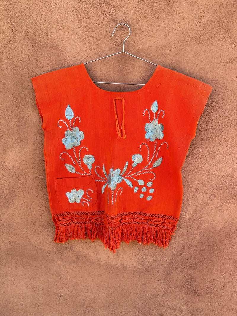 Orange Camisa with Blue Floral Embroidery