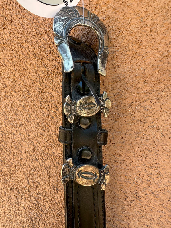 Sterling Silver Buckle & Loops on Black Belt, 34