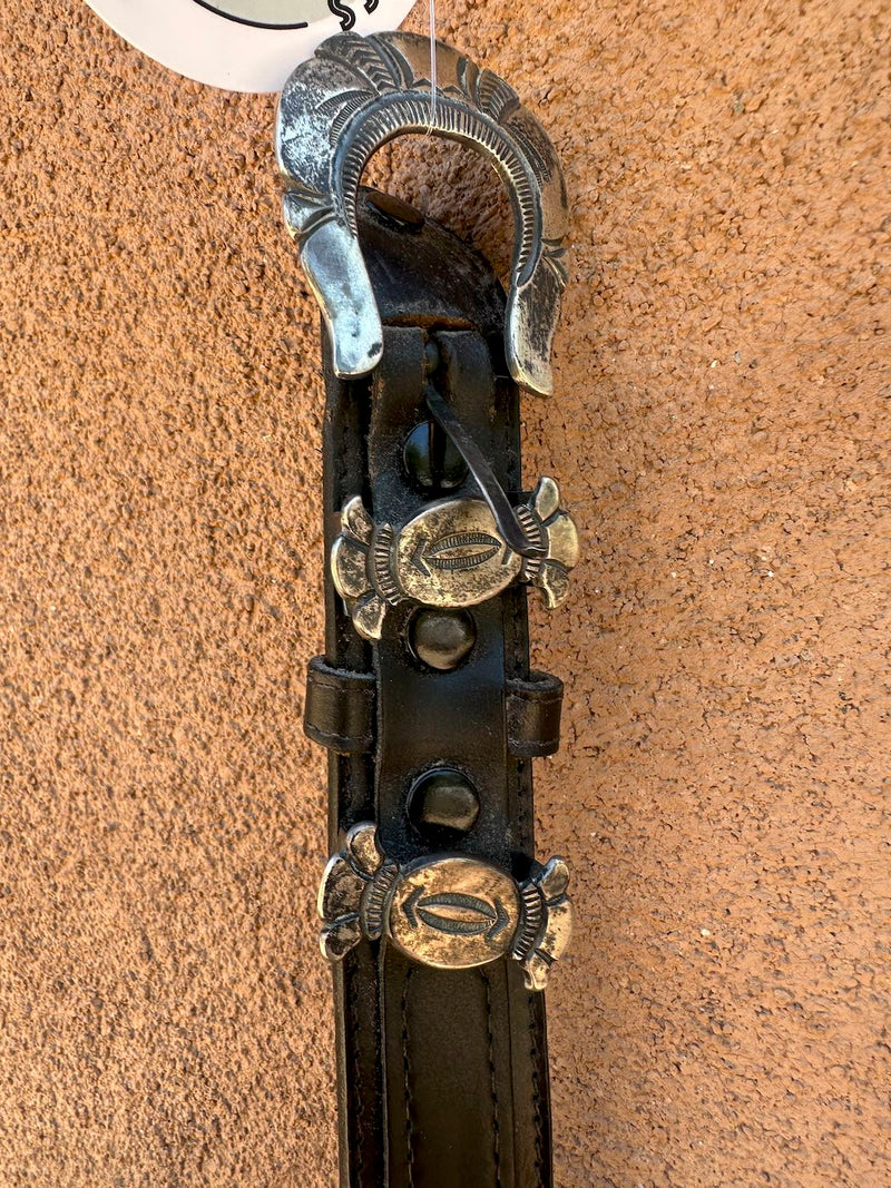 Sterling Silver Buckle & Loops on Black Belt, 34