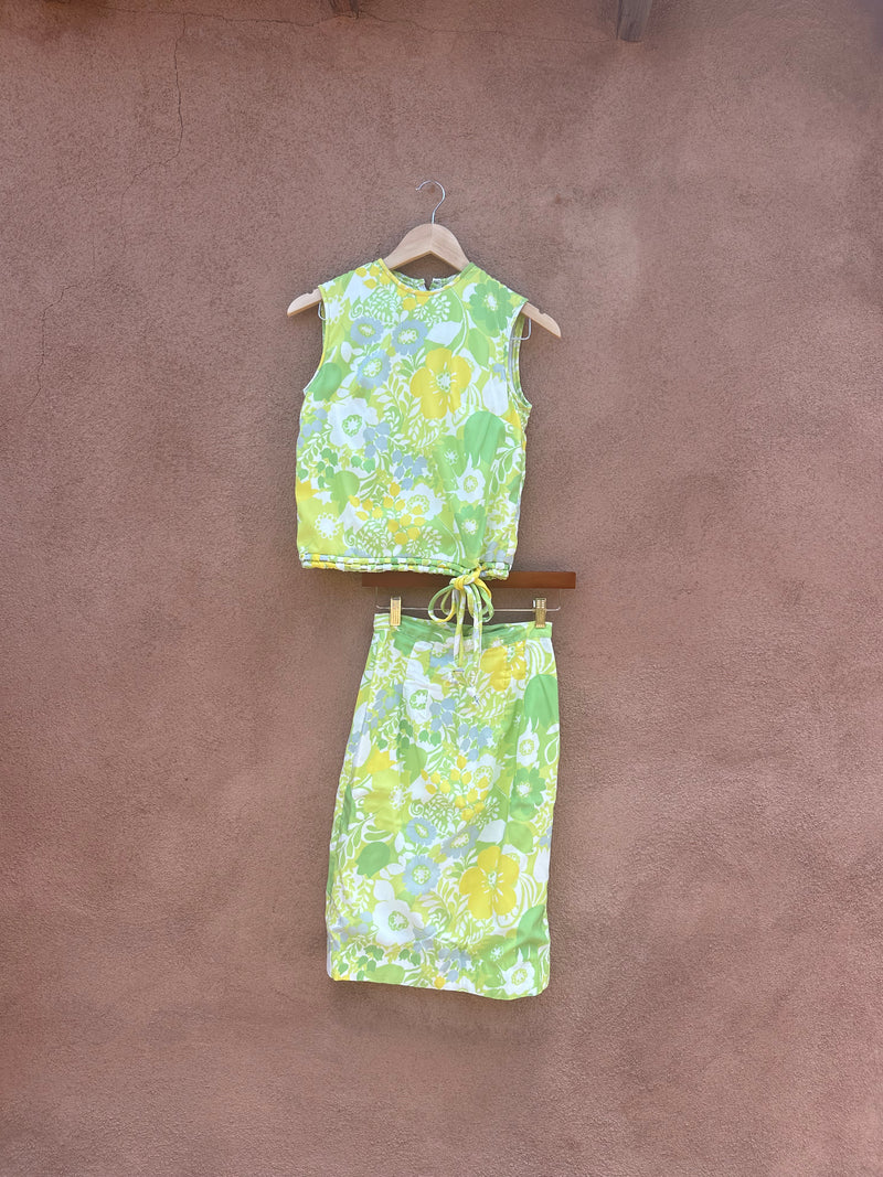 Floral Green & Yellow 1960's 2-Piece Dress Set