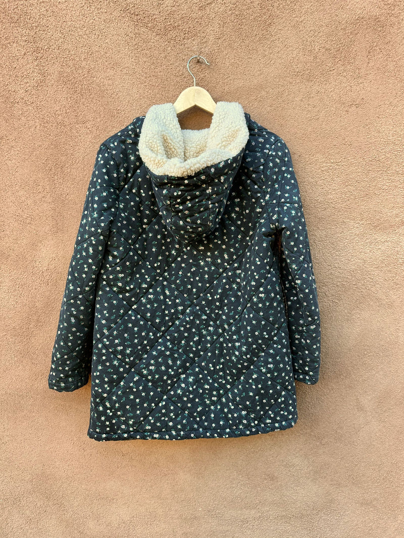 Hand Made Quilted Floral Hooded Jacket with Faux Shearling