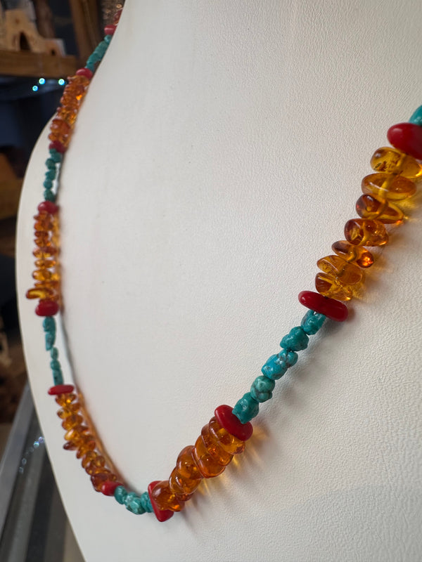Turquoise, Amber & Coral Necklace
