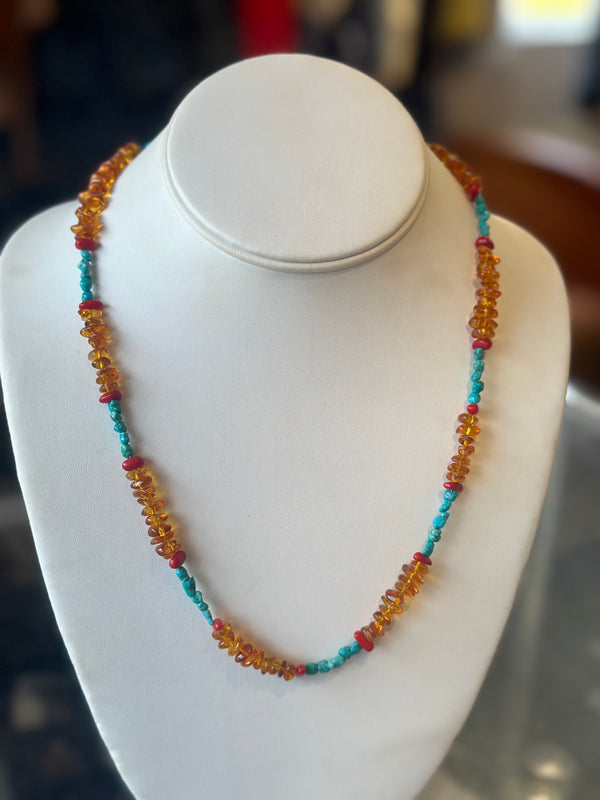 Turquoise, Amber & Coral Necklace