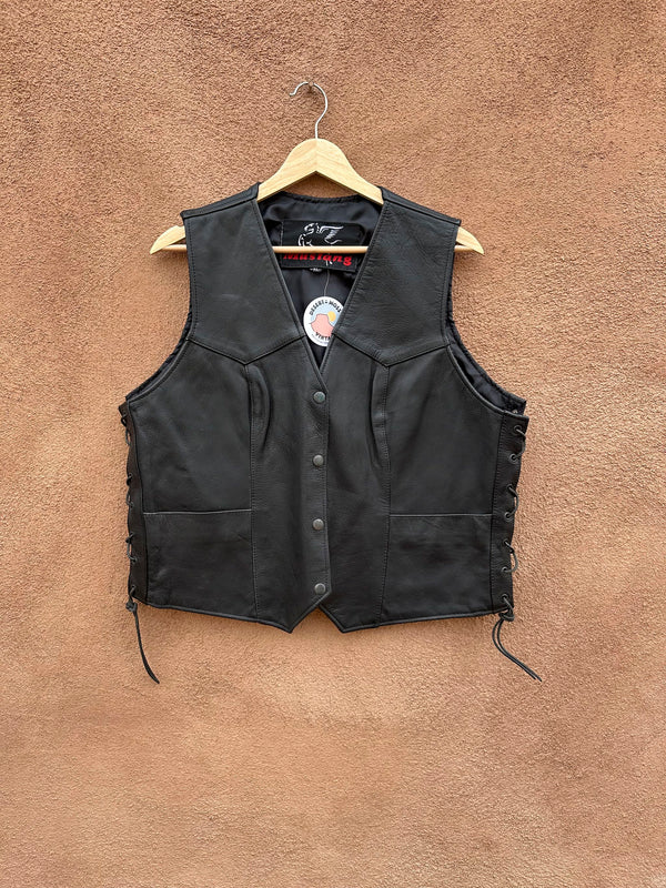 Mustang Black Leather Biker Vest, Kidney Ties, XL Women