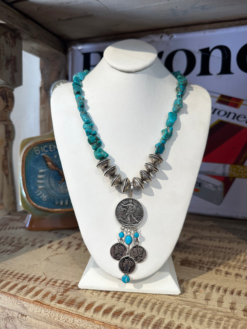 Betty Yellowhorse Turquoise & Silver Necklace with Mercury Dimes & Walking Liberty