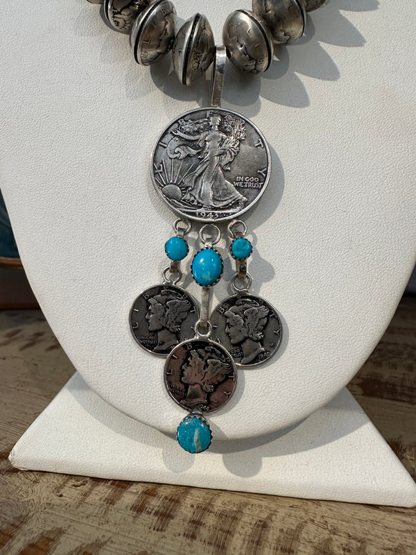 Betty Yellowhorse Turquoise & Silver Necklace with Mercury Dimes & Walking Liberty