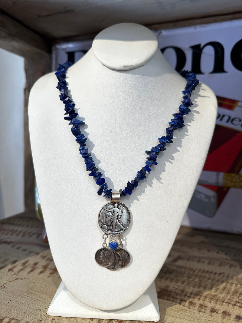 Betty Yellowhorse Lapis & Silver Necklace with Mercury Dimes & Walking Liberty