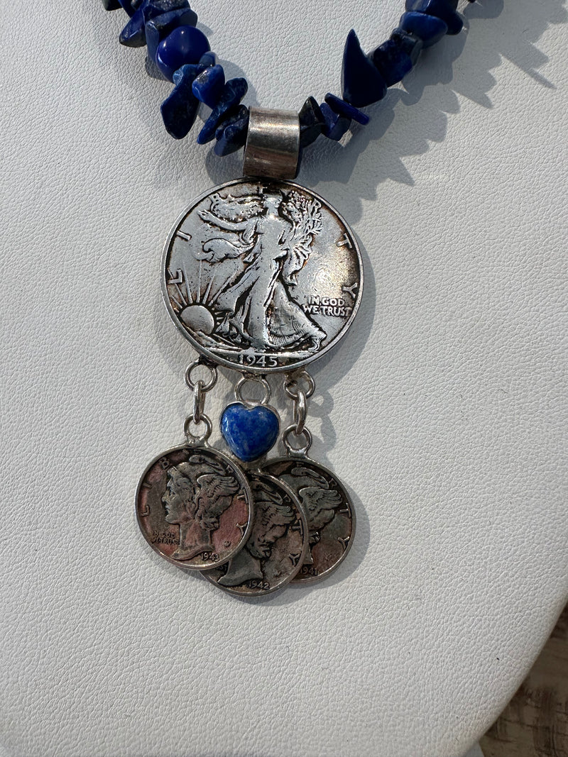 Betty Yellowhorse Lapis & Silver Necklace with Mercury Dimes & Walking Liberty