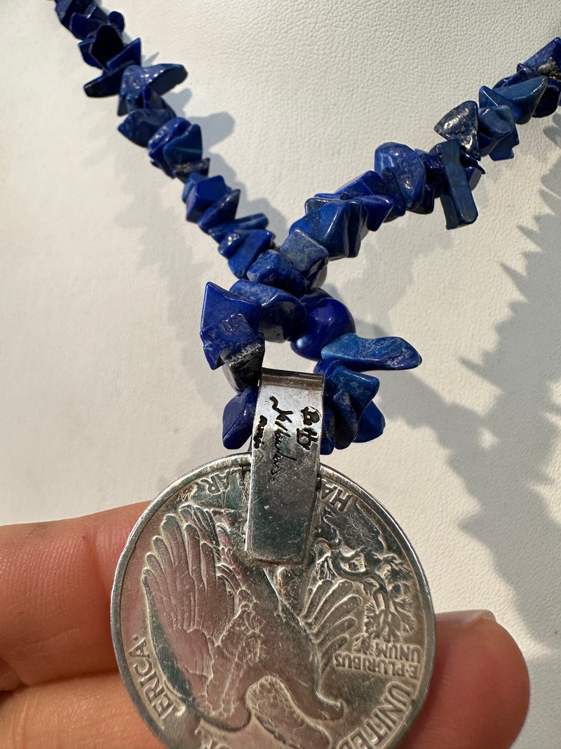 Betty Yellowhorse Lapis & Silver Necklace with Mercury Dimes & Walking Liberty