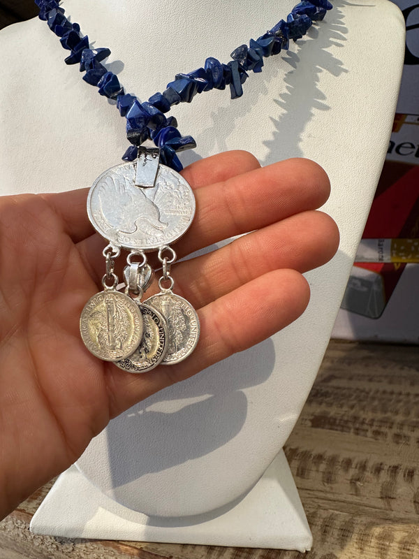 Betty Yellowhorse Lapis & Silver Necklace with Mercury Dimes & Walking Liberty