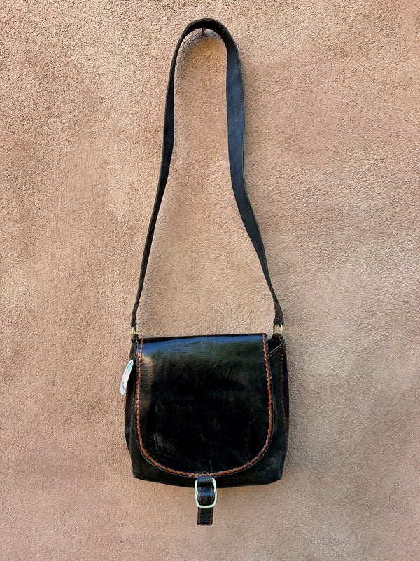 Black Leather Purse with Brown Stitch & Brass Detail