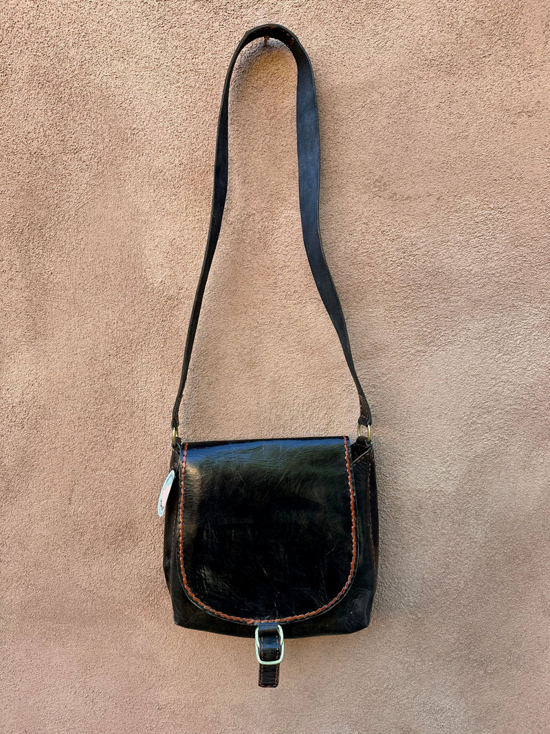 Black Leather Purse with Brown Stitch & Brass Detail