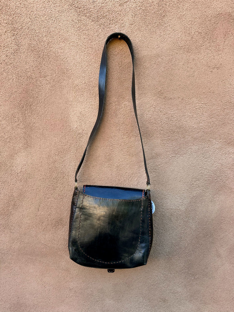 Black Leather Purse with Brown Stitch & Brass Detail
