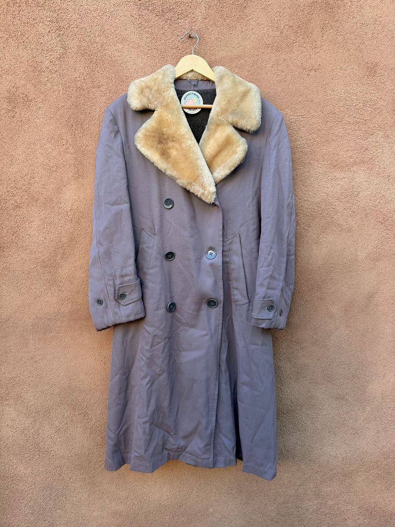 1940's Wool Gabardine Overcoat with Shearling Collar and Wool Lining - as is