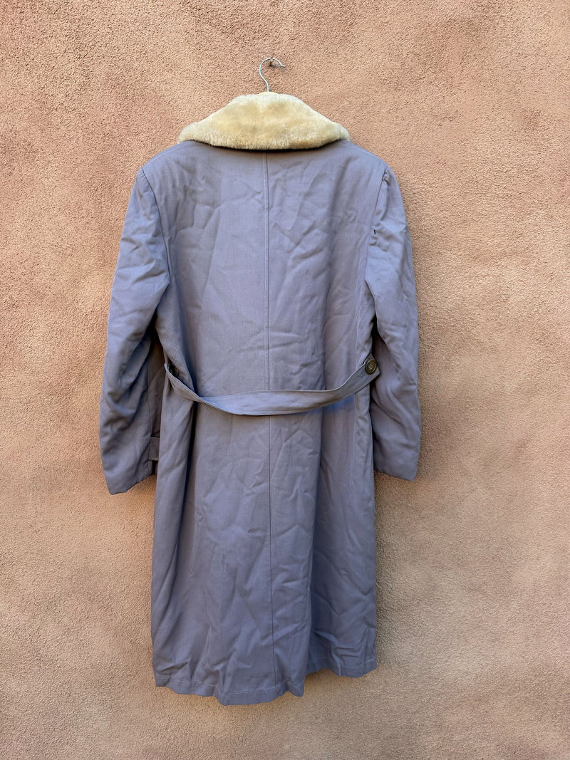 1940's Wool Gabardine Overcoat with Shearling Collar and Wool Lining - as is
