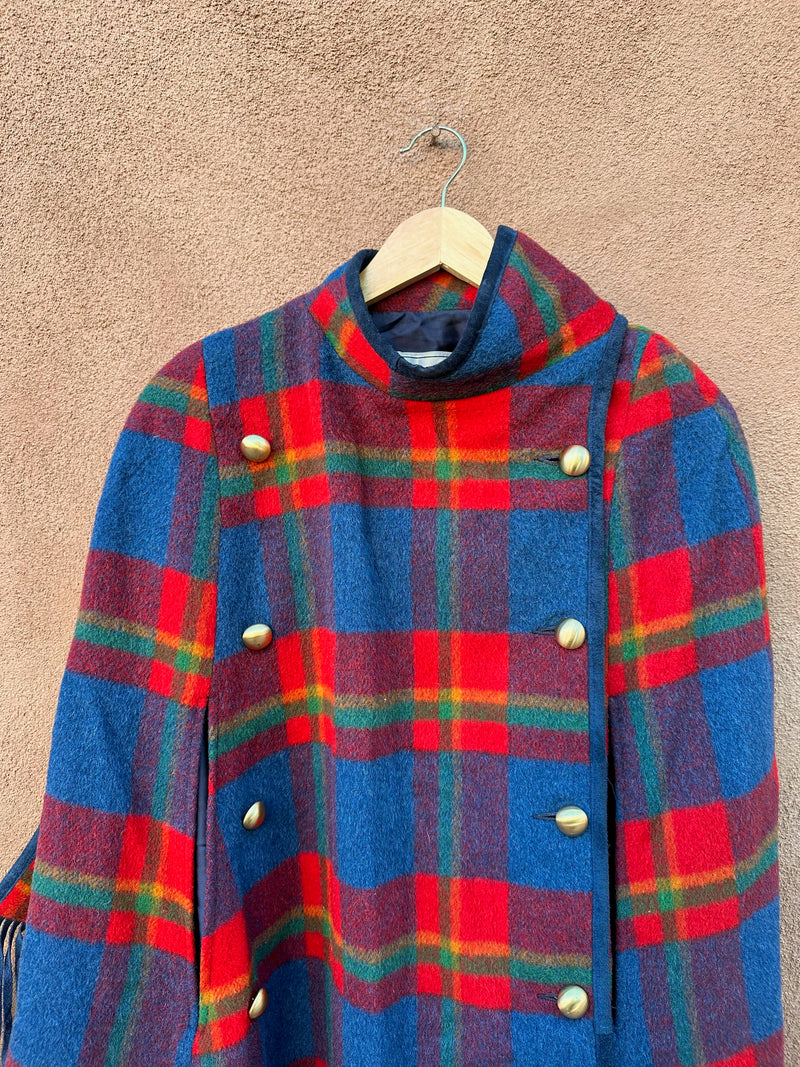 Red Plaid Wool Cape with Leather Trim by Pioneer Wear