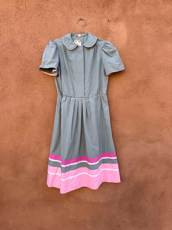 1980's Sage Green Dress with Pink Trim