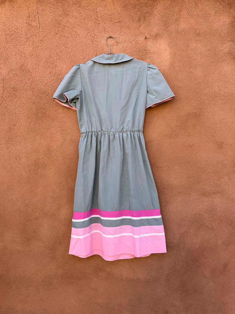 1980's Sage Green Dress with Pink Trim
