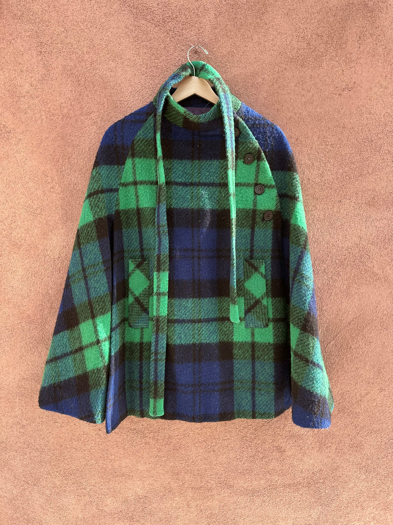 Mod Wool Plaid Mod Cape with Pockets - Blue & Green