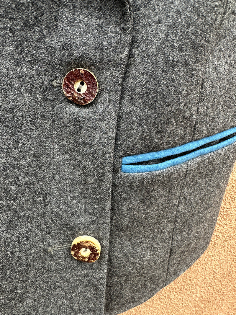 Wool Vest with Antler Buttons and Blue Collar