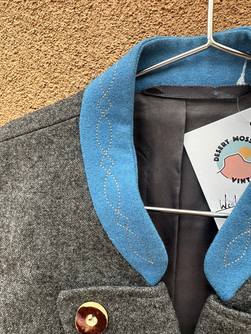 Wool Vest with Antler Buttons and Blue Collar