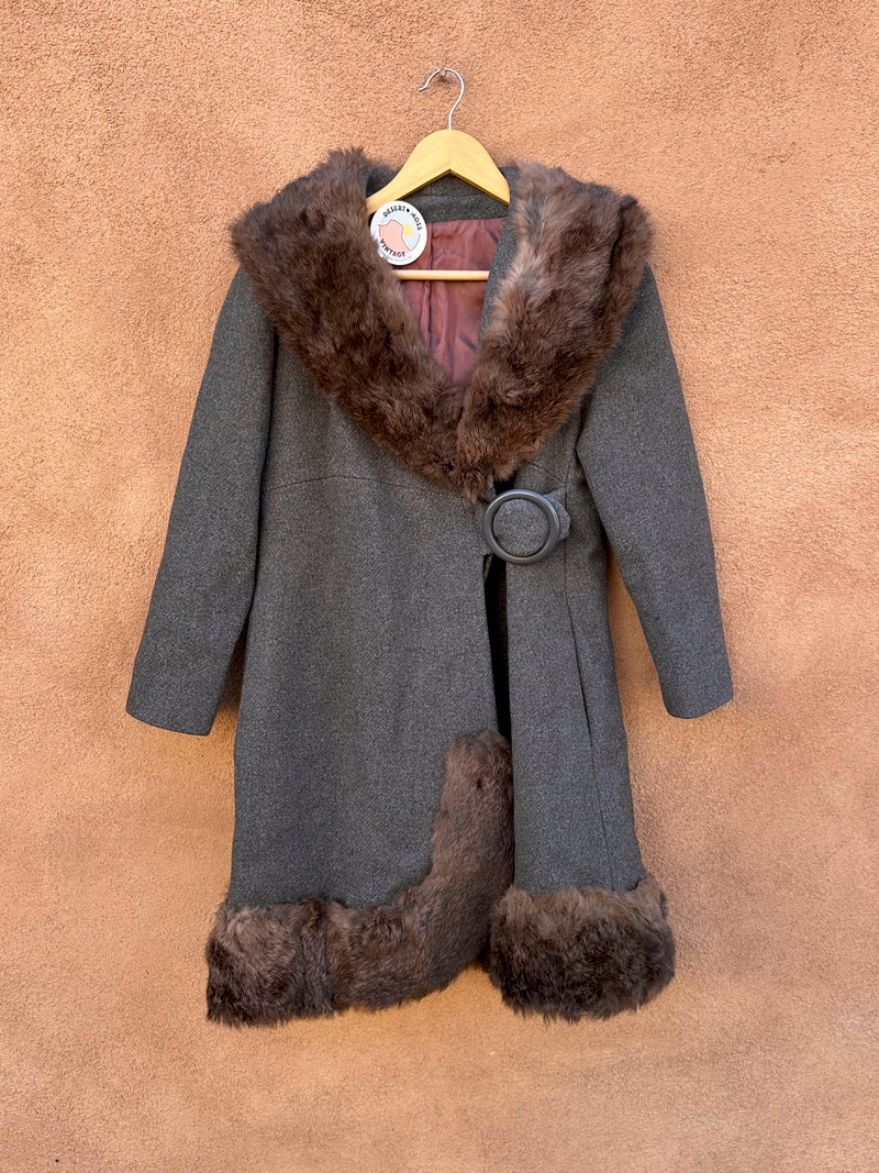 1960's Gray Wool & Rabbit Fur Belted Coat