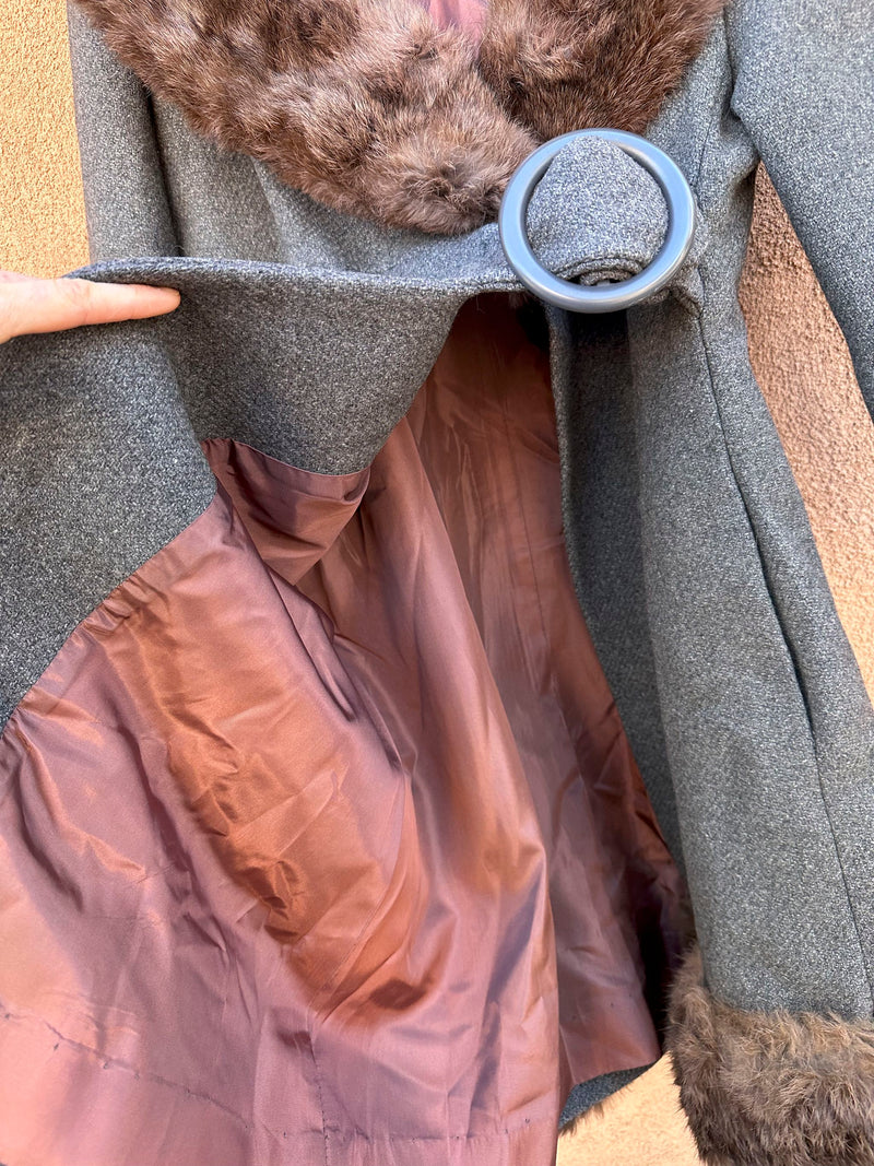 1960's Gray Wool & Rabbit Fur Belted Coat