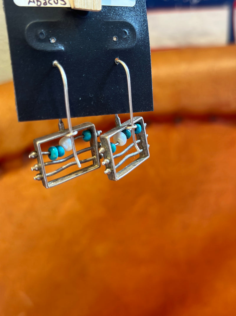 Sterling, Turquoise, and Pearl Abacus Earrings