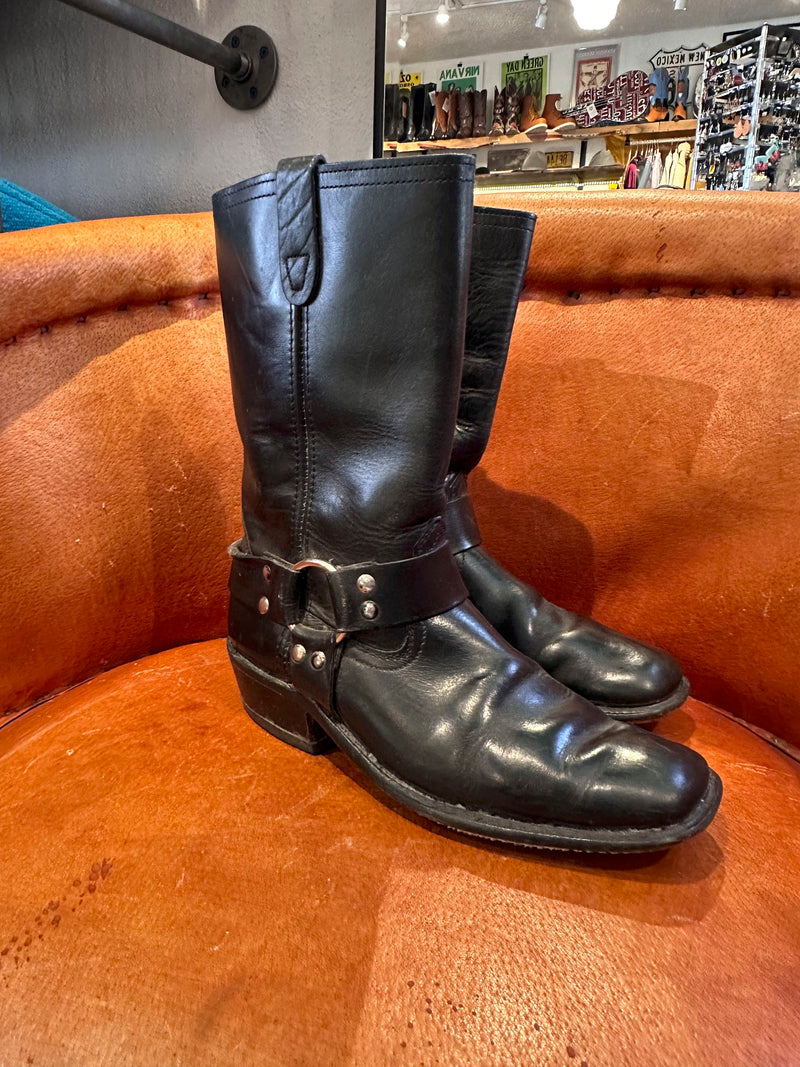1970's Black Leather Harness Boots, 8.5D
