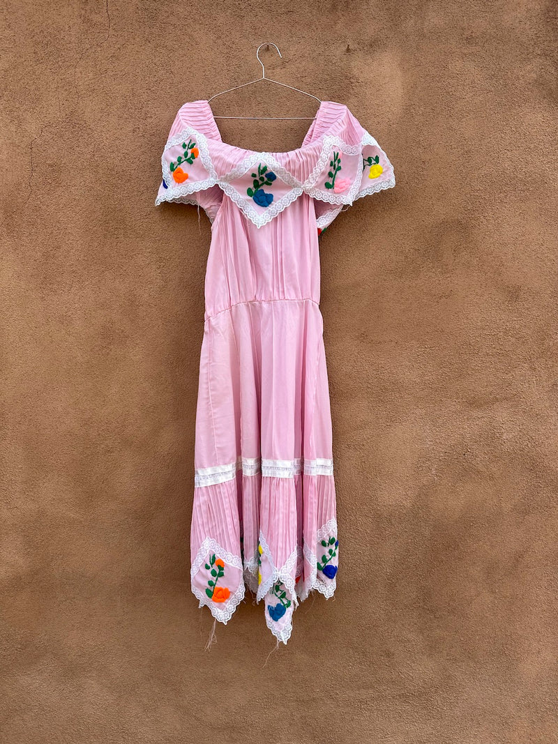 Vintage Pink Off the Shoulder Mexican Dress with Embroidery