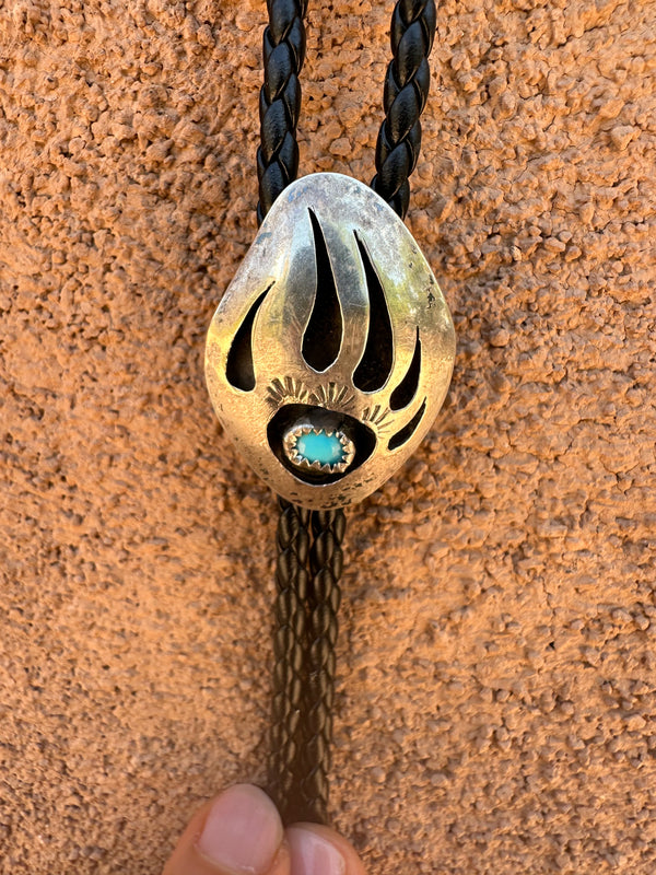 Silver and Small Turquoise Bear Claw Bolo Tie